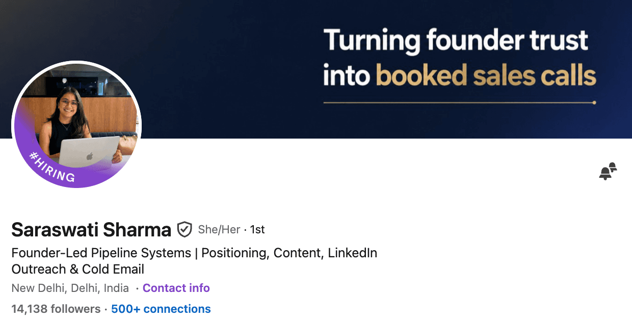 Saraswati Sharma's LinkedIn profile showing 14,138 followers and 500+ connections
